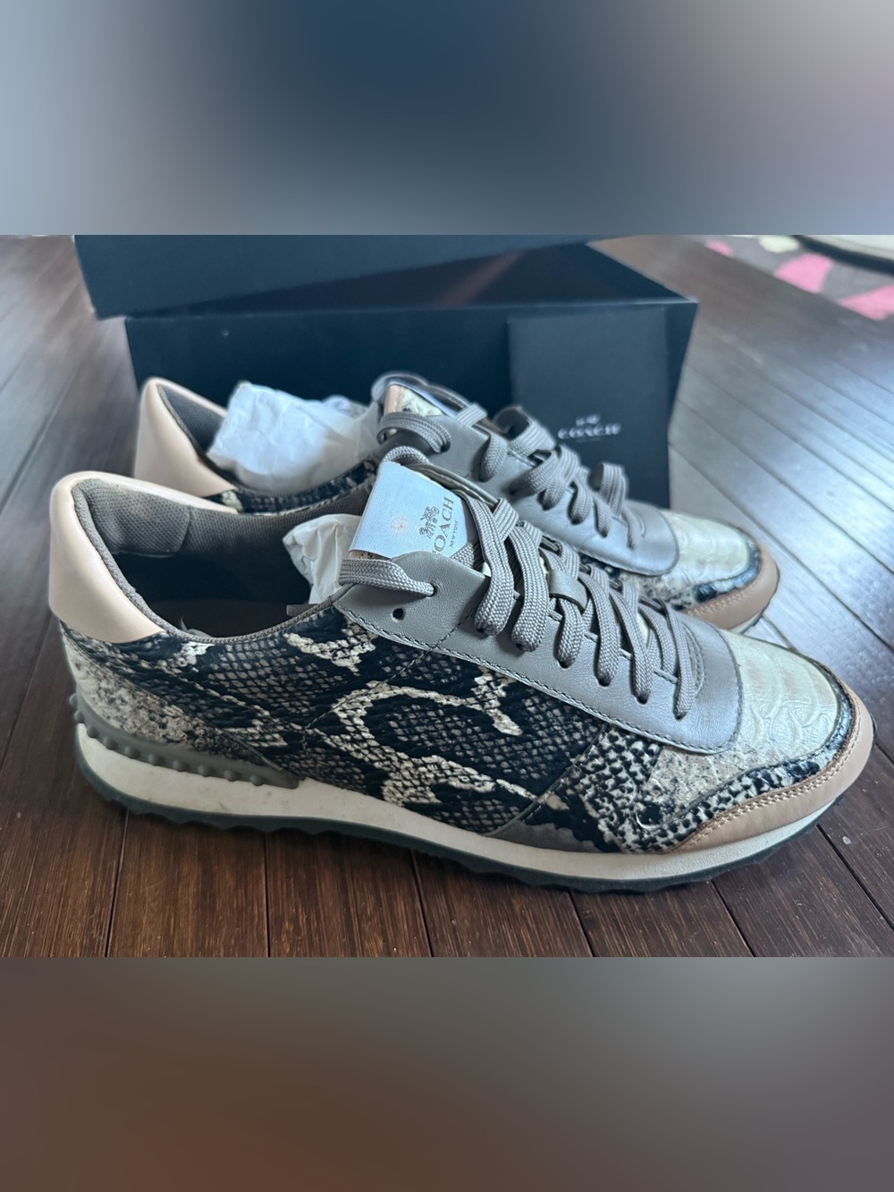 Coach Moonlight Anaconda Women’s Snake-Print Leather Sneakers, beechwood